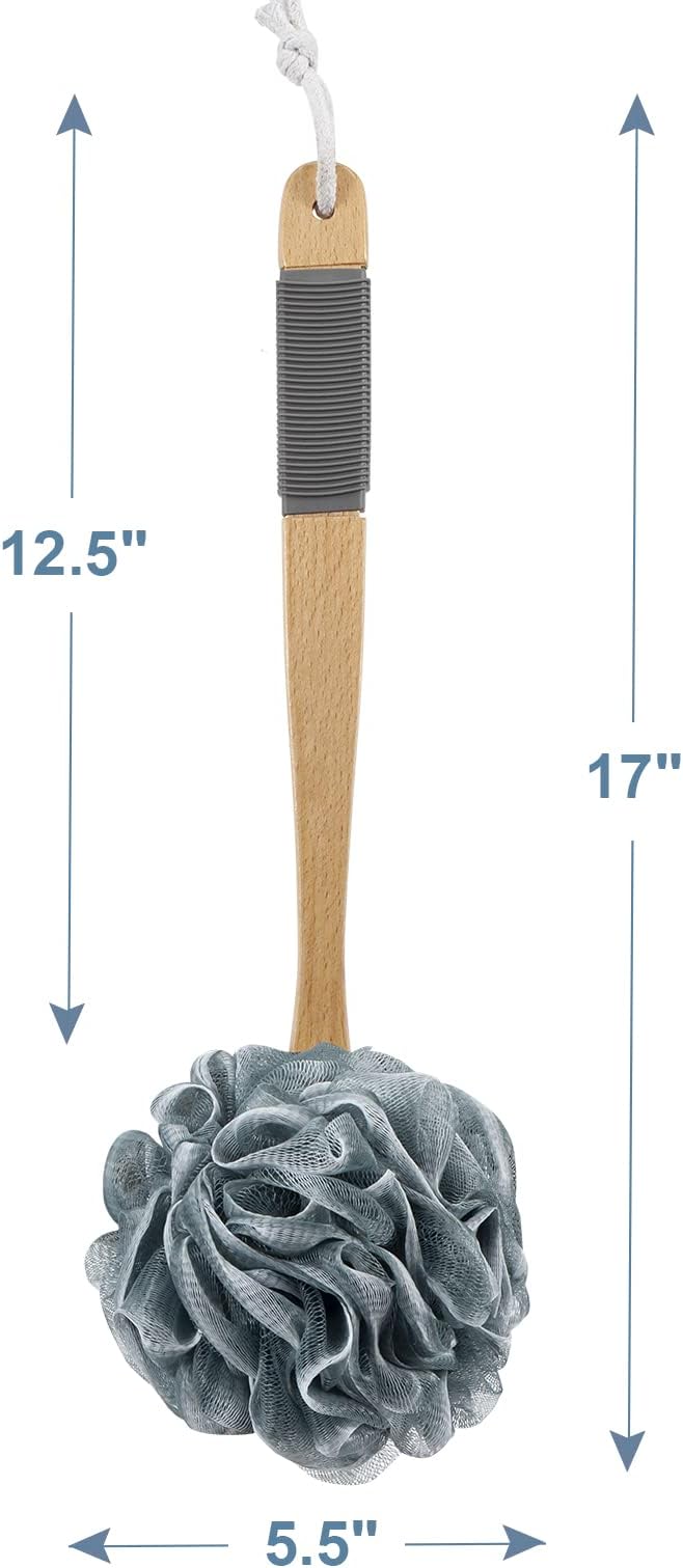 AmazerBath Shower Sponge Loofah Back Scrubber, PE Soft Mesh Loofah Body Scrubber with Long Wooden Handle, Bath Sponge for Men Women (Gray)