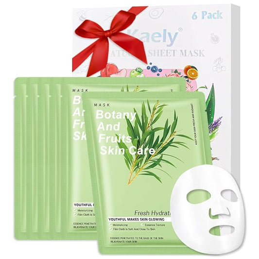 6 PCS Real Nature Tea Tree Hydrating Nature Face Masks Skincare, Hyaluronic Acid, Vitamin C and E, Chamomile, Korean Beauty Essence Facial Paper Sheet Mask for Skin Care Moisturizing