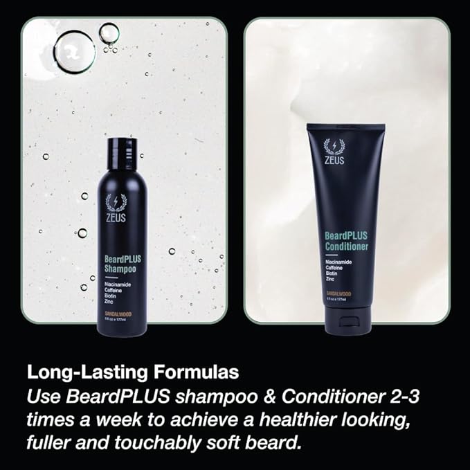 ZEUS BeardPlus Beard Shampoo & Conditioner Set for Men, Beard Growth Treatment for Hydration, Softness & Thickness with Biotin & Caffeine (Made in USA) Combo Set