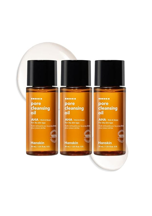 Hanskin Alpha Hydroxy Acid Pore Cleansing Oil, Sample Trial Mini Size, Exfoliating Makeup Remover Facial Cleanser Set, Moisturizing [30 ml/Pack of 3]