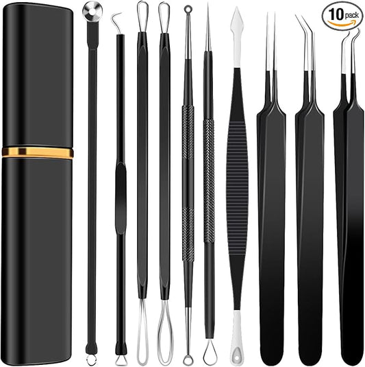 10pcs Pimple Popper Tool Kit Stainless Steel Blackhead Remover Tool Comedones Extractor for Forehead Facial Nose Lightweight Acne Needle Tool with Metal Case for Travel Home Use