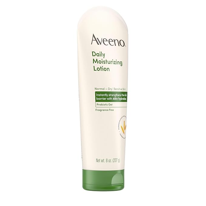 Aveeno Daily Moisturizing Body Lotion, Body Lotion for Dry Skin with Prebiotic Oat, Paraben Free, Fragrance Free, Non-Greasy, Non-Comedogenic Moisturizer, 8 FL OZ