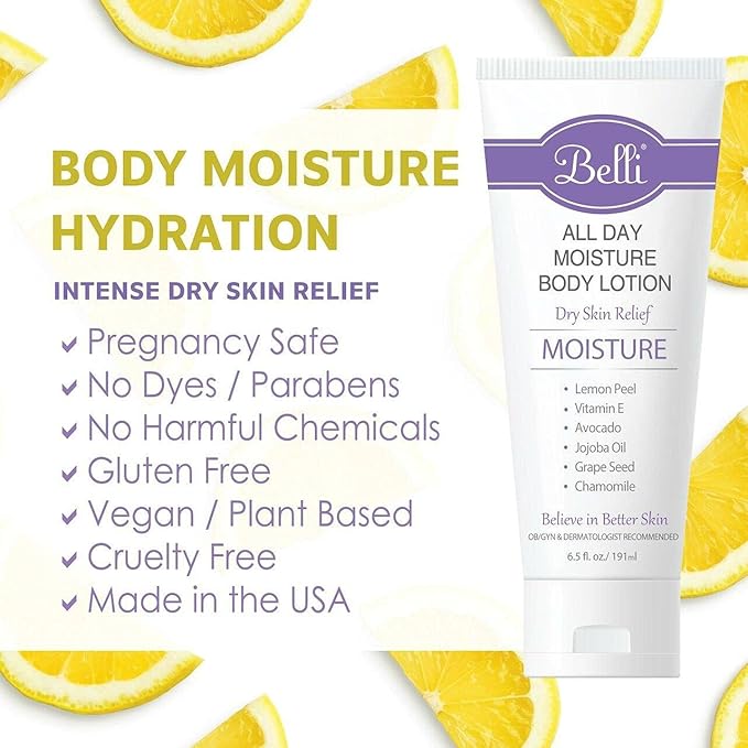 Belli Skincare All Day Moisturizer Body Lotion for All Skin Type, Comforts Dry Skin, Long Lasting & Hydrating, Pregnancy Safe, Vegan based, Chemical Free, 6.5 Oz