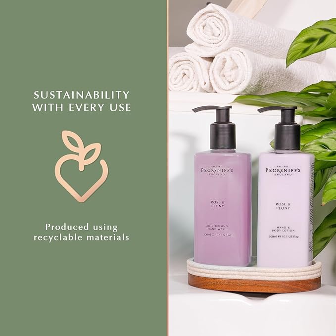 Pecksniffs Moisturizing Hand Wash and Hand & Body Lotion Caddy Set - Rose & Peony in a Black Mesh Caddy, 300 ml/10.14 fl oz