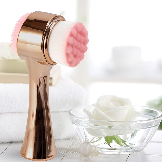 Face Brush 2 in 1, Facial Cleansing Exfoliating Brush with Ultra Fine Soft Bristles for Pore Deep Cleansing Silicone Double Side Face Wash Scrub Brush for Skin Care, Gold