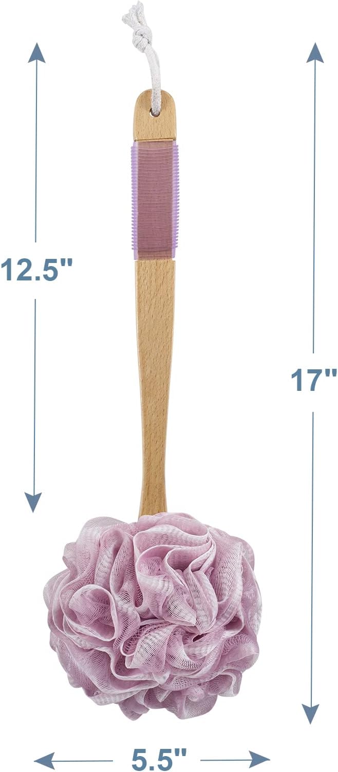 AmazerBath Shower Sponge Loofah Back Scrubber, PE Soft Mesh Loofah Body Scrubber with Long Wooden Handle, Bath Sponge for Men Women (Pink)
