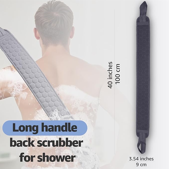 Back Scrubber for Shower with Handles, 40 Inch Extra Long Double-Sided Exfoliating Bath Strap, Textured Body Washer with Extended Reach for Deep Cleaning (Grey)