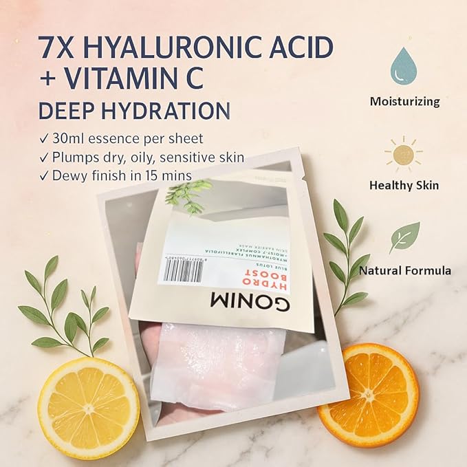 GONIM Face Mask Korean Skin Care with Hyaluronic Acid Serum, Vitamin C, Collagen Activation-Hydrating Face Masks Skincare, Anti Aging & Moisturizing Sheet Mask for All Skin Korean Face Mask 30mlx20pcs