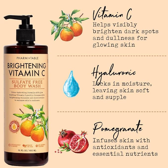 Brightening Vitamin C Body Wash for Women and Men - Brightens and Nourishes the Skin, Sulfate Free, 100% Cruelty Free, 480ml