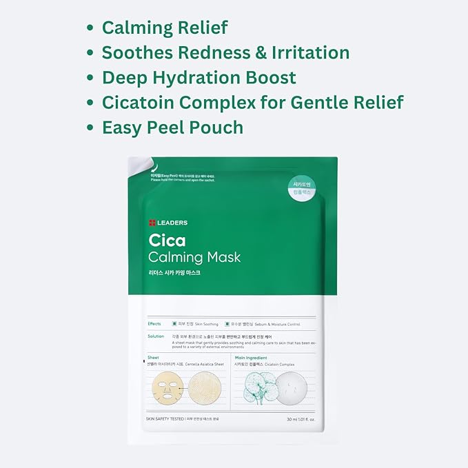 LEADERS Insolution Cica Calming Mask - Soothing Relief for Irritated & Sensitive Skin | Helps Reduces & Relieves Redness | Calming Care, Sebum & Moisture Control, Easy Peel Pouch - 5 Sheets