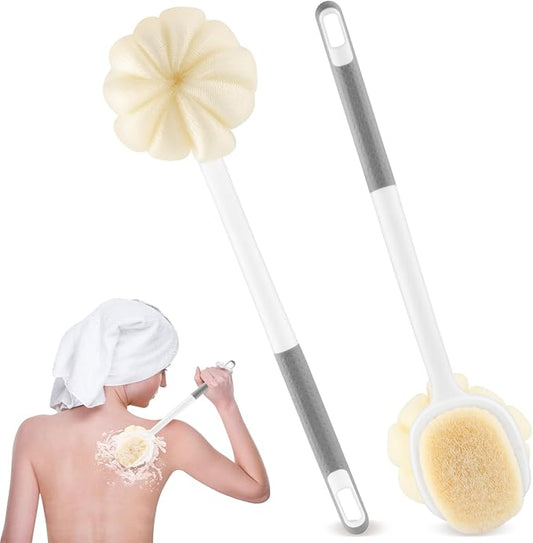 2 Pcs Long Handled Shower Brush Double Sided Bath Brush Massage Body Cleaning Mesh Sponge with Soft Bristles and Loofah for Skin Exfoliating Women Men - Grey