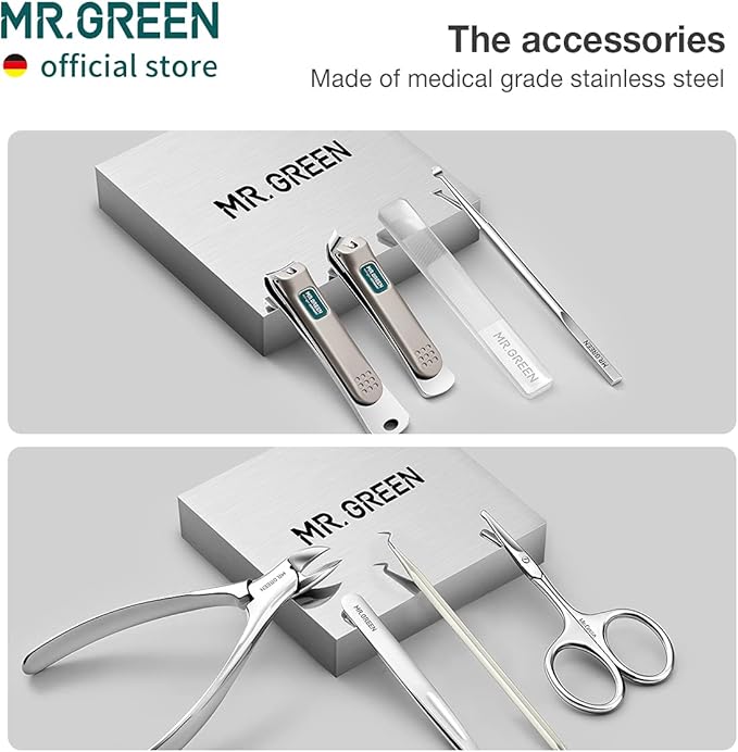 MR.GREEN Manicure Sets Pedicure Kits Stainless Steel Nail Clipper Personal Care Tools with PU Leather Case (Gray)