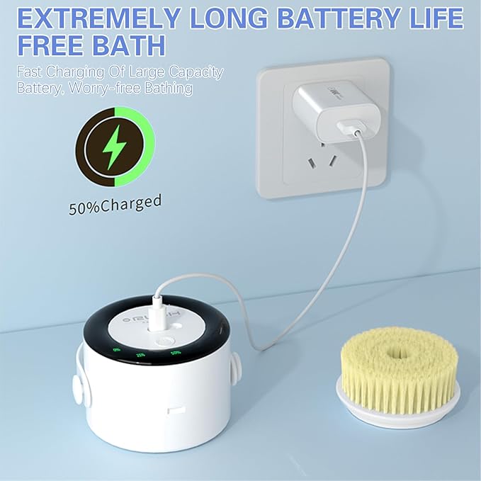 Electric Body Brush Back Scrubber - Waterproof Long Handle 5-in-1 Rechargeable Bath Brush with 3 Speed Modes, Exfoliating & Massaging Shower Brush for Body (White)