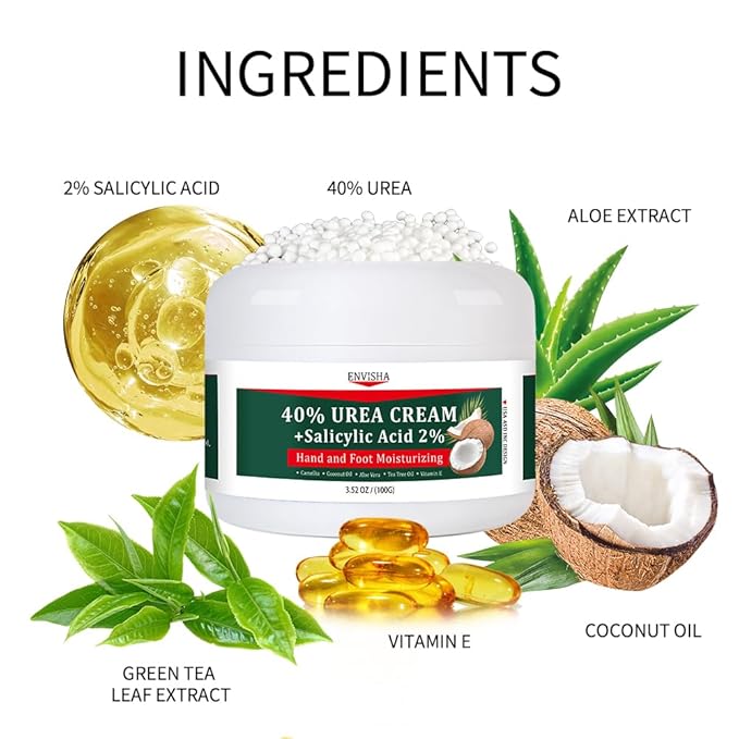 ENVISHA 40% Urea Cream for Dry Cracked Feet- Maximum Strength Foot & Hand Moisturizer with 2% Salicylic Acid, Tea Tree, and Aloe Vera | Deep Hydration & Softener for Feet Care