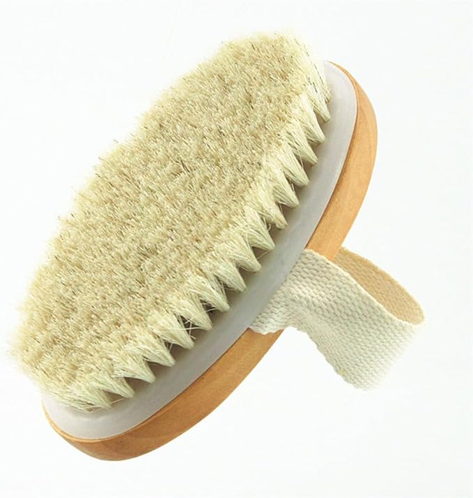 Wooden Soft Horsehair Mane Natural Bristles Bath & Shower Brush, 5x2.8 Inch Oval Shape Dry Body Brush Scrubber for Exfoliating, Detox and Cellulite, etc. (White Horsehair)