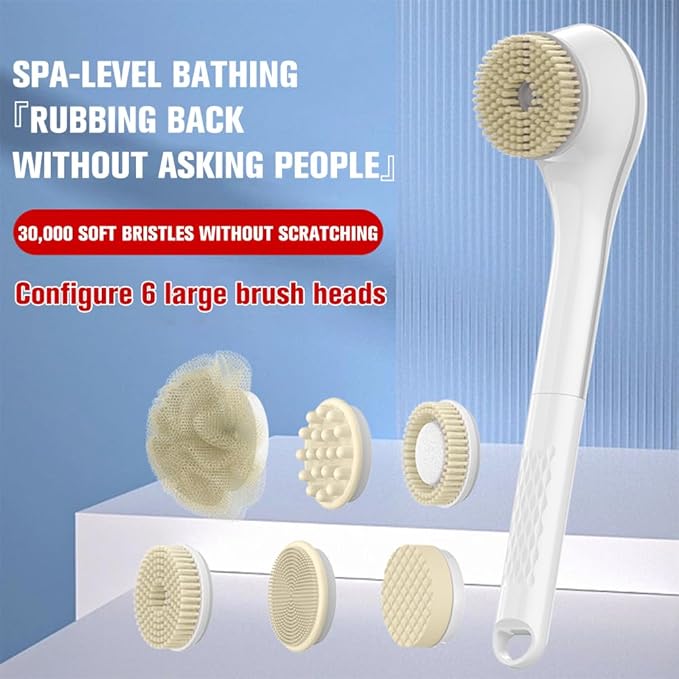 Generic Electric Body Brush Set for Showering,Exfoliating Bath Brush Long Handle for Shower Lotion Applicator for Back Silicone Body Scrubber with 6 Shower Brush Heads for Women Men Gifts (White)