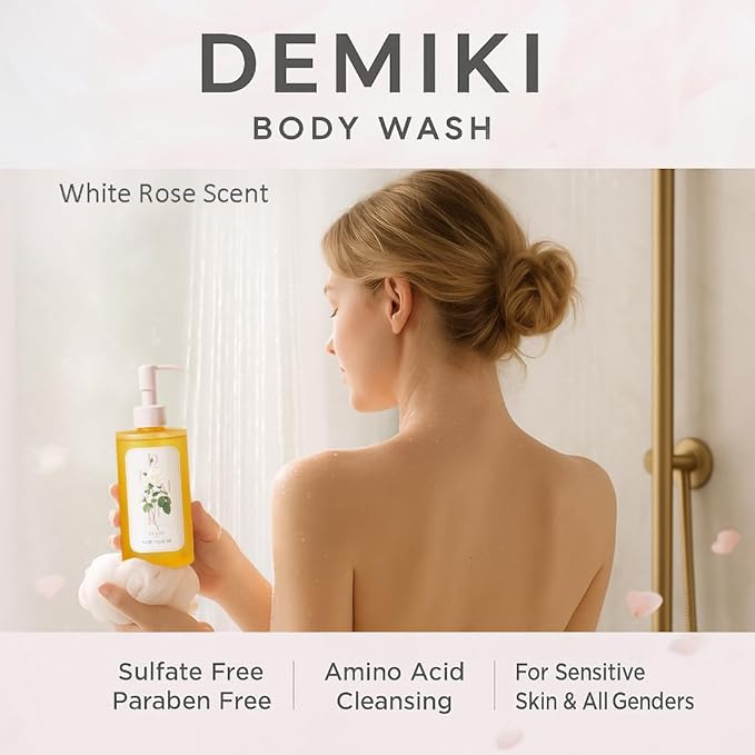 DEMIKI Body Wash Women Moisturizing Sensitive Skin, White Rose Scent Shower Gel Body Wash for Women, Winter Hydration Care, Sulfate-Free, Paraben-Free, Dye-Free, 10 fl oz