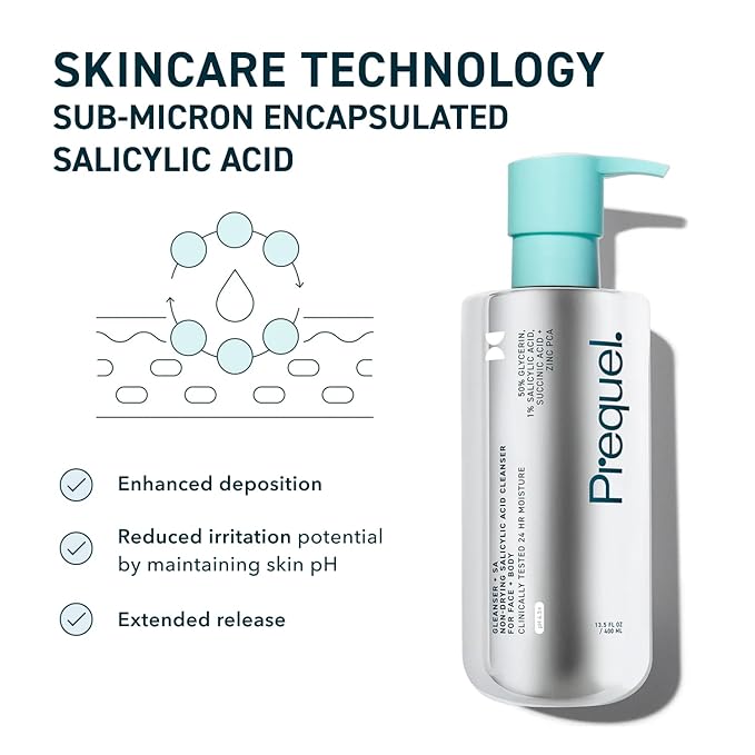 Prequel Skin Gleanser SA, Moisturizing Glycerin Face Wash,1% Salicylic Acid Face Cleanser, Unscented and Combination Skin Face Soap, 13.5 fluid ounce (Pack of 2)