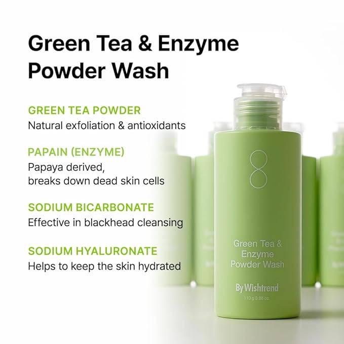 BY WISHTREND Green Tea & Enzyme Powder Wash, Gentle Cleanser for Oily & Sensitive Skin, Removes Impurities, Refine Texture, Deep Face Clean, 3.88 Oz