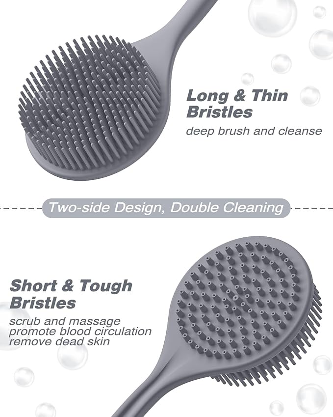 Manmihealth Silicone Back Scrubber(Thin Bristles) & Soft Bath Glove Set, Super-Cleaning Body Scrubber & Super-Lathering Shower Brush Combination, with a Free Hook. (Gray)