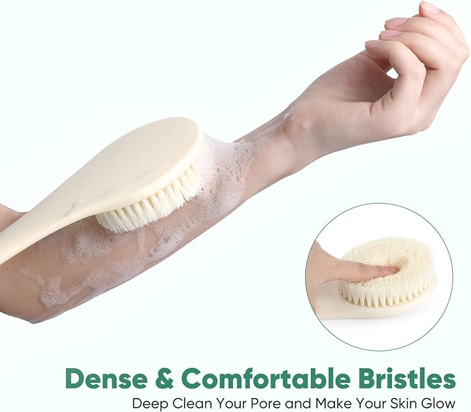 Back Scrubber for Shower, 17-Inch Shower Brush for Men and Women, Long Handle Exfoliating Body Brush, Medium Bristle Stiffness for Dry or Wet Brushing (Cream White)