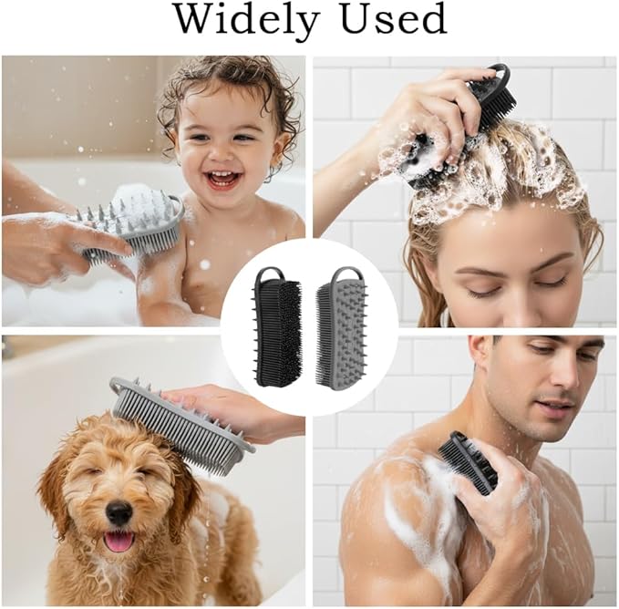 2 PCS Soft Silicone Body Scrubber, 2 in 1 Exfoliating Shower Bath Scrubber, Silicone Loofah Bath and Shampoo Brush Body Shower Use Shower Hair Scalp Massager, Easy to Clean, Lather Well (Grey & Black)