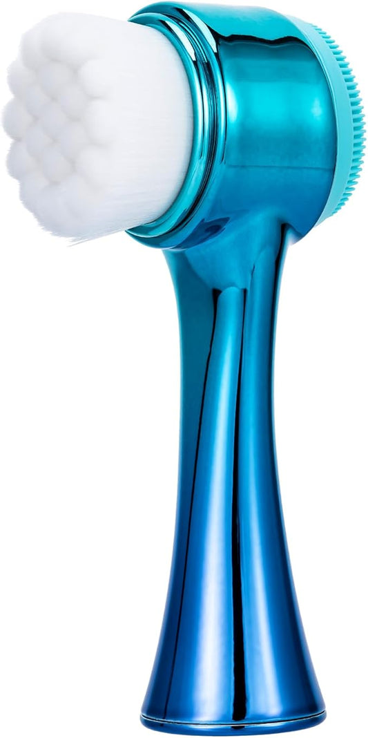 Face Brush 2 in 1, Facial Cleansing Exfoliating Scrubber Brush, Silicone Double Side Manual Face Wash Scrub Brush with Soft Fiber for Deep Pore Cleansing, Massaging, Skin Care,Gradient Blue