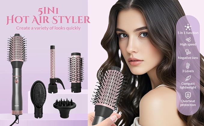 5 in 1 Negative Ion Hair Dryer Brush Blow Dryer Brush Set, Hot Air Styler with Multiple Lengths Suitable for Variable Needs for Hair Curling, 3 Temperature and Wind Settings, Travel Bag Easy to Carry