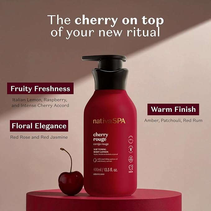 O Boticário Nativa SPA Cherry Rouge Velvety Body Lotion, Bold Oriental Amber Fragrance with Cherry Extract & Quinoa Oil, Collagen Boosting Hydration, 13.5 Ounce (400ml)