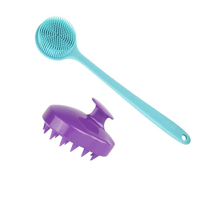 Silicone Body Scrubber & Scalp Massager, Long Handle Shower Brush, Exfoliating Scrubber for Men, Women & Kids