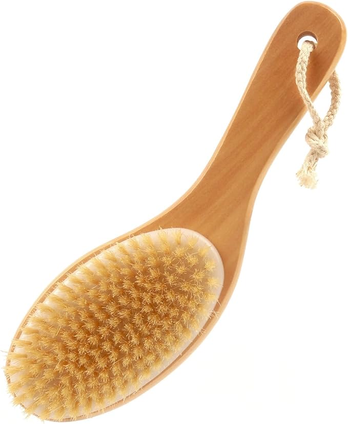 Curved Handle Dry Bath Body Brush Scrubber with Natural Bristles, 9.84 Inch Wood or Bamboo Handle Shower Brush for Detox, Exfoliating, Cellulite, etc. (Brown Horsehair Wood Handle)