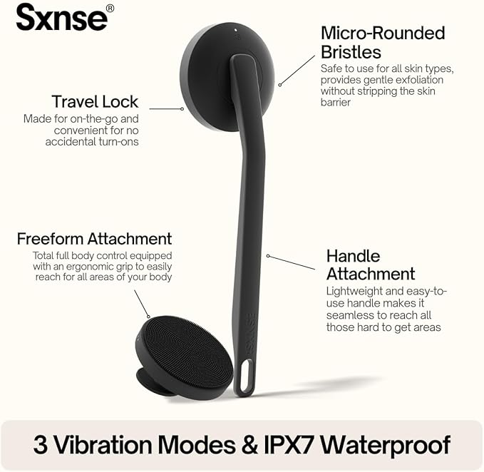 Aura Body Clean Pro⁺ - Silicone Electric Body Scrubber for Acne, Ingrown Hair & KP - IPX7 Waterproof, Rechargeable Exfoliating Shower Brush with Handle. Freeform Grip, & 7000+ Sonic Vibration - Jet