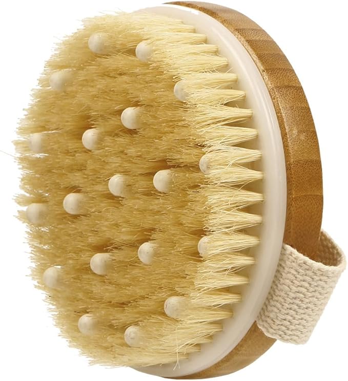 4.3” Round Bamboo Dry/Wet Body Brush Scrubber with Natural Bristles, Bath Shower Brush for Cellulite, Exfoliating and Detox, etc. (Brown Horsehair with Soft Nodes)
