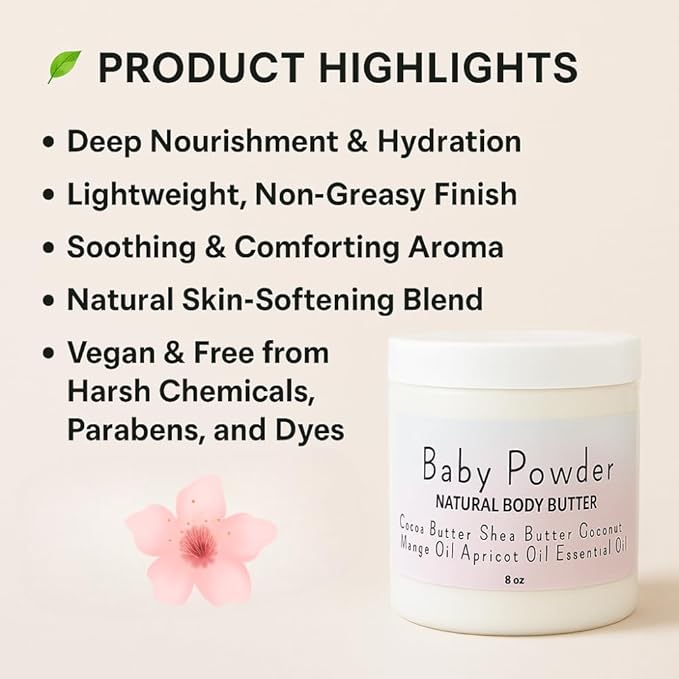 Baby Powder Creamy Whipped Body Butter Nourishing Shea Butter, Cocoa Butter, Coconut Oil, Essential Oils Moisturizer for Body, Feet & Hands Soothes and Softens