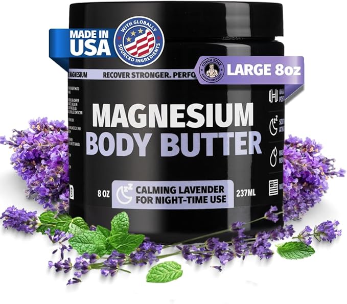 Coach Soak Nighttime Magnesium Body Butter, Thick Cream with High Magnesium Concentration, Soothes Muscles Overnight, Shea Butter, Almond Oil & Lavender, Large Size (8oz)