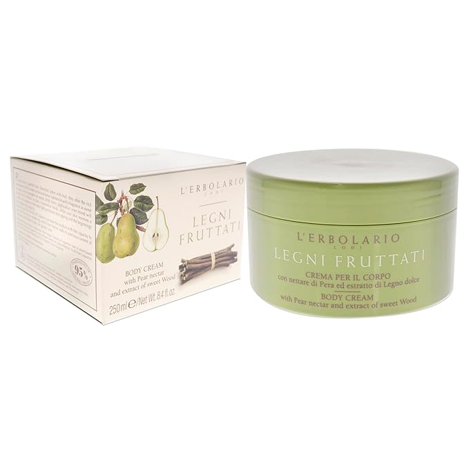 L'Erbolario Body Cream - Moisturizing Body Butter for Dry Skin - Anti-Aging, Toning Skin Care with Woody Scent - Pear Nectar and Sweet Woods - 8.4 oz