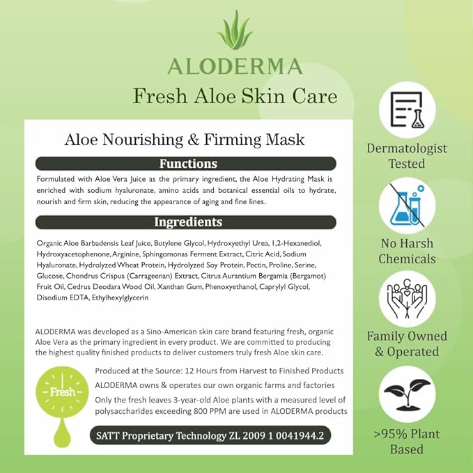 Aloderma Firming Sheet Masks with 89% Organic Aloe Vera 5 pcs - Formulated for Age-Defying Results with Hyaluronic Acid & Arginine, Intense Hydration & Nourishment for Plump, Supple, Rejuvenated Skin