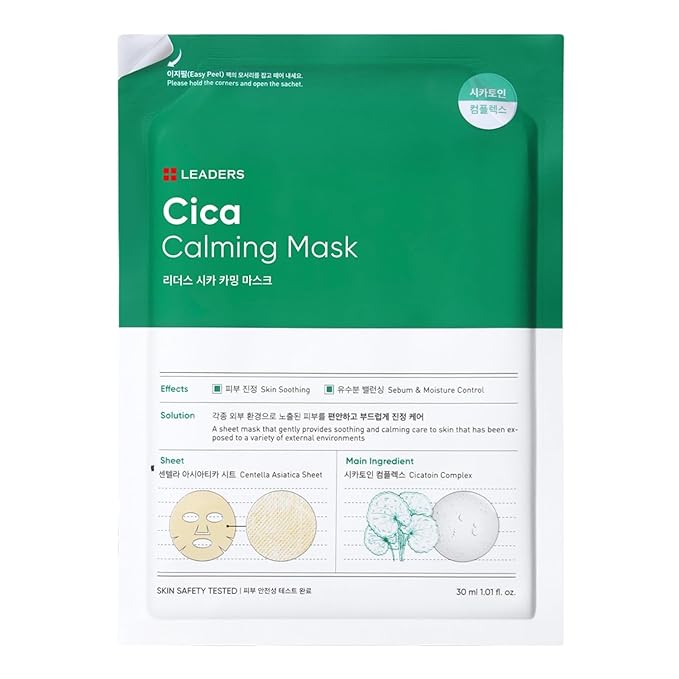 LEADERS Insolution Cica Calming Mask - Soothing Relief for Irritated & Sensitive Skin | Helps Reduces & Relieves Redness | Calming Care, Sebum & Moisture Control, Easy Peel Pouch - 10 Sheets