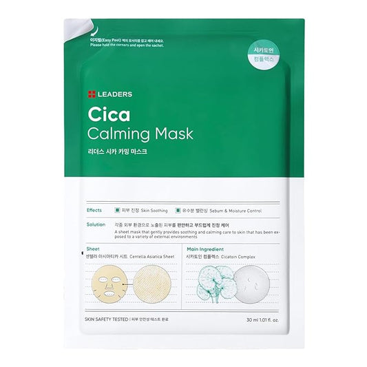 LEADERS Insolution Cica Calming Mask - Soothing Relief for Irritated & Sensitive Skin | Helps Reduces & Relieves Redness | Calming Care, Sebum & Moisture Control, Easy Peel Pouch - 10 Sheets