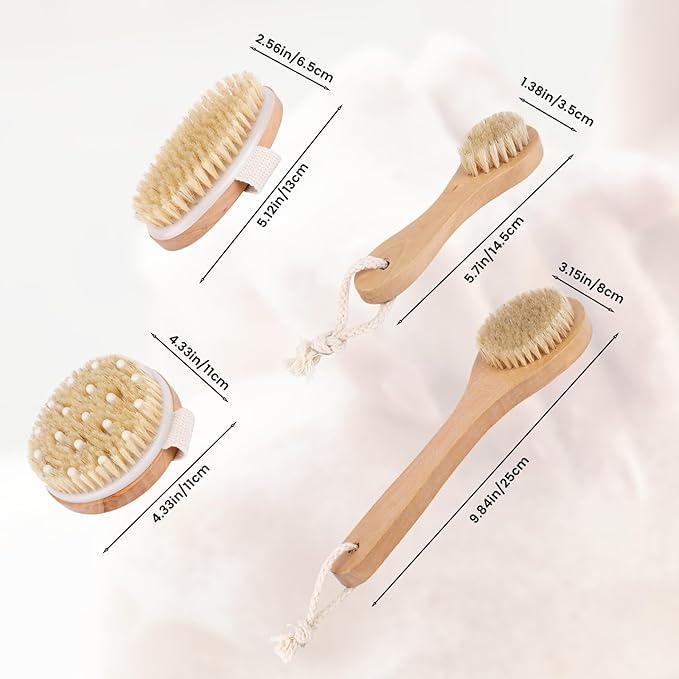 Dry Brush Set-4 Packs Natural Boar Bristle Dry Brushing Body Brush Exfoliating, Face, Foot, Bath Brush for Face and Body for Cellulite Lymphatic Drainage(Set A)
