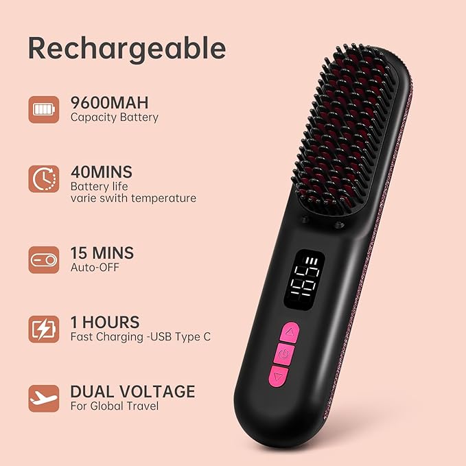 Hair Straightener Brush, Portable Cordless Mini Straightening Brush for Travel, Negative Ion Hot Comb Hair Straightener with 9 Temps for Women, Anti-Scald Ceramic, Fast Charge