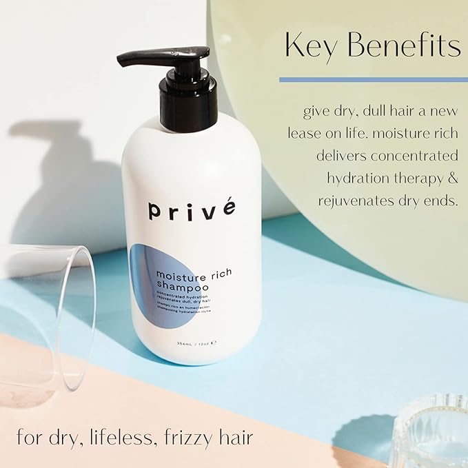 Prive Moisture Rich Shampoo - Extreme Hydration- Infused with Shea Butter - Great for All Hair Types - Color Safe (12 oz)