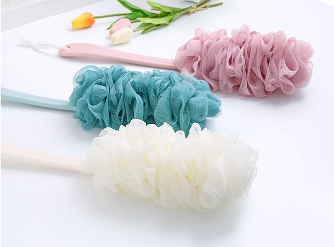 Back Scrubber for Shower,Loofah Long Handle Bath Body Brush,Soft Nylon Mesh Sponge for Shower,Loofah On a Stick for Men Women,Exfoliating Scrub Cleaning Luffa for Elderly(3-Pack,Blue)