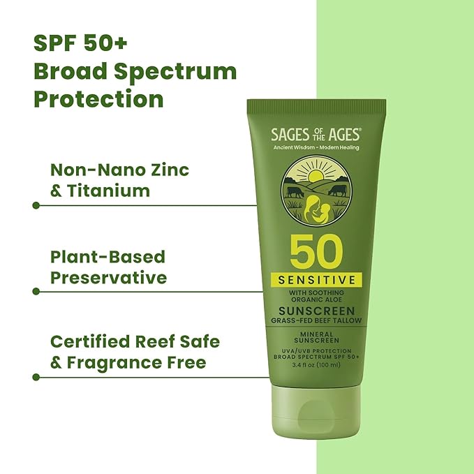 Mineral Sunscreen SPF 50 Lotion with Non-Nano Zinc Oxide, Reef Safe Broad Spectrum Sunblock, Water Resistant 80 Min, Natural Tallow Moisturizing Formula for Face and Body, Zinc Mineral Sunscreen 3.4oz