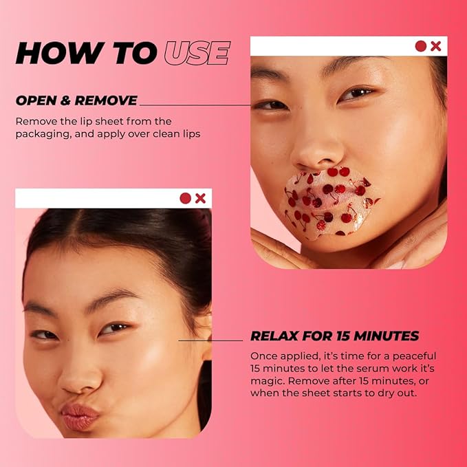 Vitamasques Lip Mask, 3-Pack - Cherry Vegan Collagen Lip Mask Sheets, Repair for Dry & Chapped Lips - Nourishing & Hydrating - Wild Cherries & Hyaluronic Acid - Vegan & Cruelty-Free Korean Skin Care