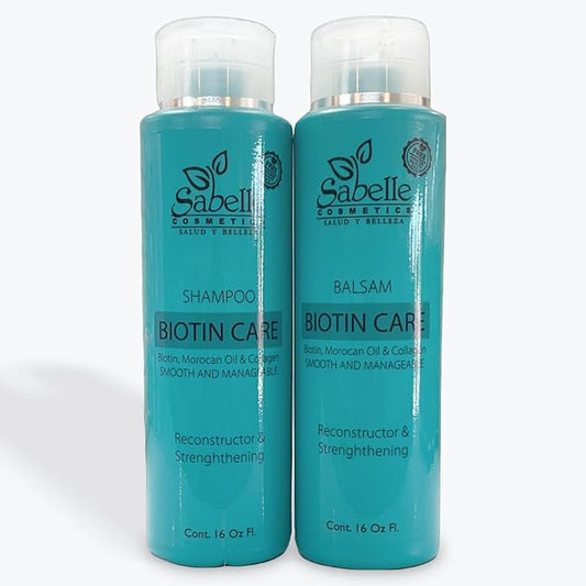 Sabelle Biotin Care Hair Care Set, Shampoo and Balsam with Moroccan Oil and Collagen, 16 Fl Oz Each, Strengthening and Reconstructing. Kit Shampoo y Balsamo