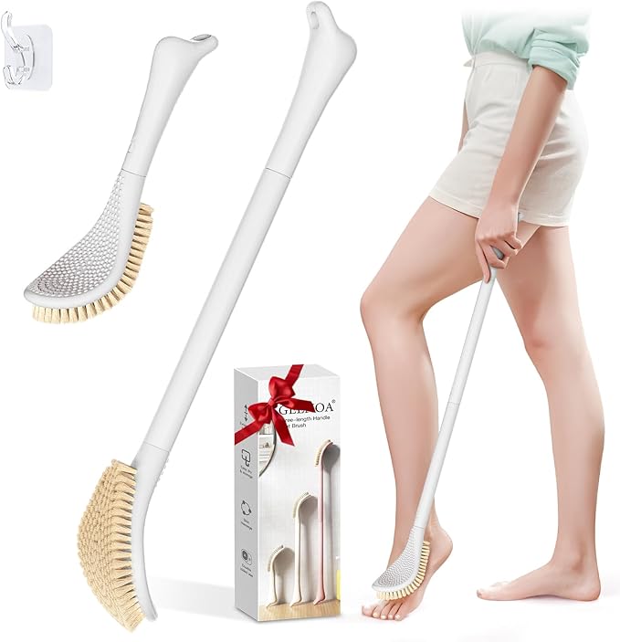 New Foot Brush with Adjustable Long Handle, 3-in-1 Foot Scrubber for Wet or Dry Brushing, 10.2’’- 27.5’’ Foot Scrub Brush for Senior, Pregnant, Disabled, or Injured, Gift-Box Packed(White)