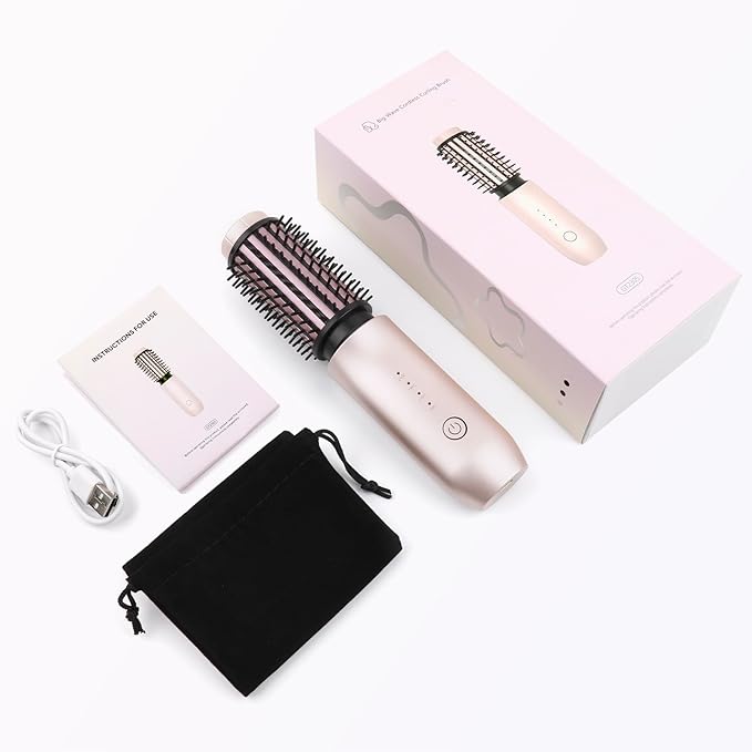 Cordless Curling Iron Brush, 3-in-1 Portable Curling Iron, 2024 New Hair Straightener Comb, 7000Mah USB Rechargeable Travel Hair Curler for Women, Pink