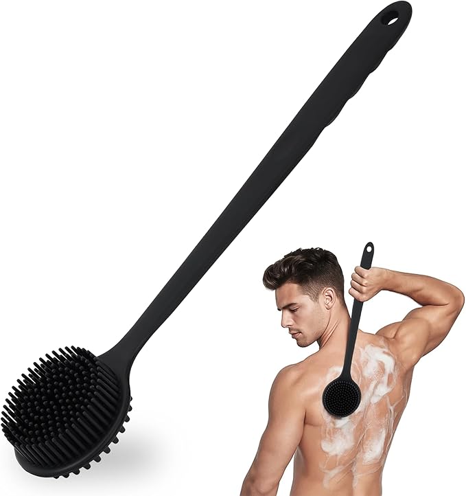 Silicone Back Scrubber for Shower, Double Sided Shower Brush for Shower Exfoliating and Massage Can Produce Rich Foam, 15-inch Men's Long Handle Body Brush, Long Lasting Bath & Shower Accessories