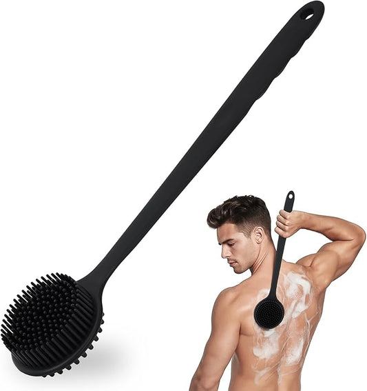 Silicone Back Scrubber for Shower, Double Sided Shower Brush for Shower Exfoliating and Massage Can Produce Rich Foam, 15-inch Men's Long Handle Body Brush, Long Lasting Bath & Shower Accessories